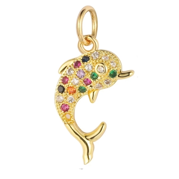 Colorful Dolphin Charm with Multicolor Cubic Zirconia Accents - Picture 1 of 8